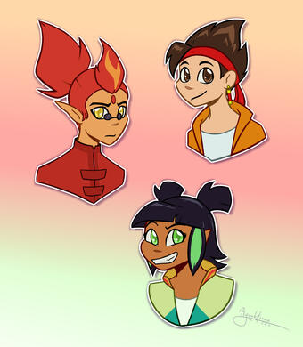 Three characters, head, flat colors, simple background
